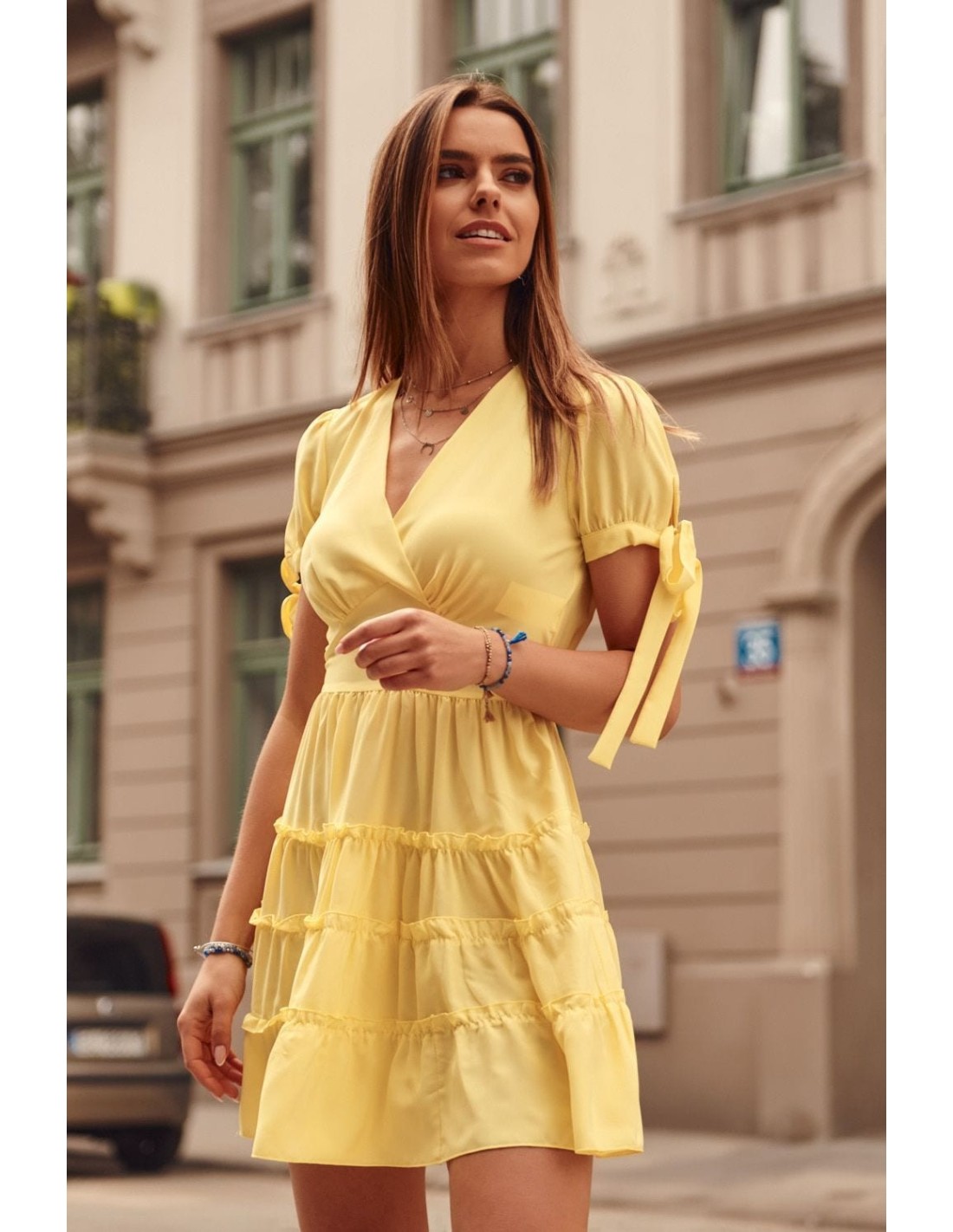 Summer dress with short sleeves, yellow PR3181 - Online store - Boutique